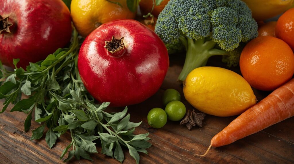 GIVE ME A IMAGE OF BUNCH OF DIFFERENT FRUITS, VEGETABLES, AND HERBS - SPEACIILY APPLY, POMEngrate, brocolli, tulsi, citrus, carrot. in that images.